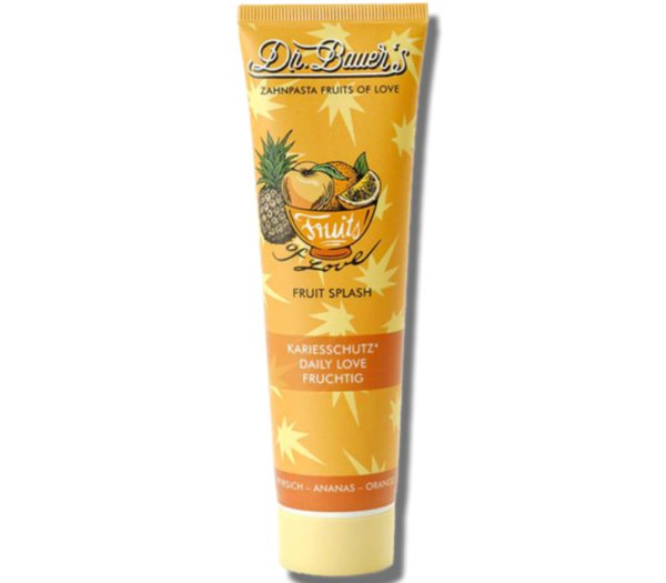 Dr.Bauer’s persikų, ananasų ir apelsinų skonio dantų pasta Fruit Splash, 90 ml.
