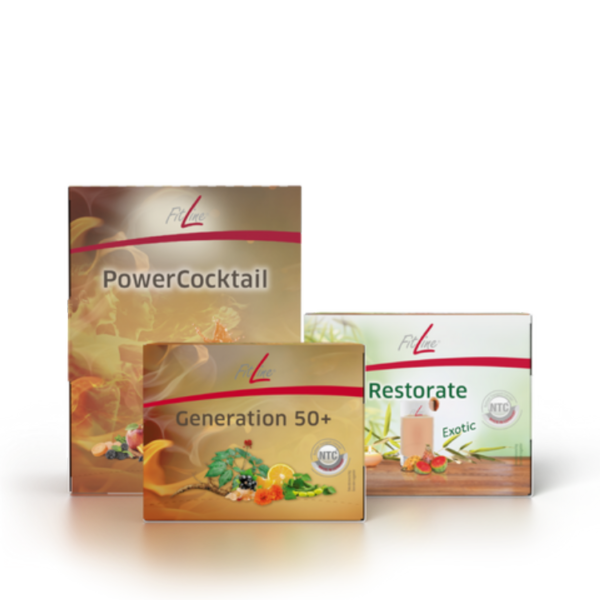 Vitaminų kokteilių rinkinys (FitLine Optimal-Set 50+ (PowerCocktail, Restorate Exotic, Generation 50+))