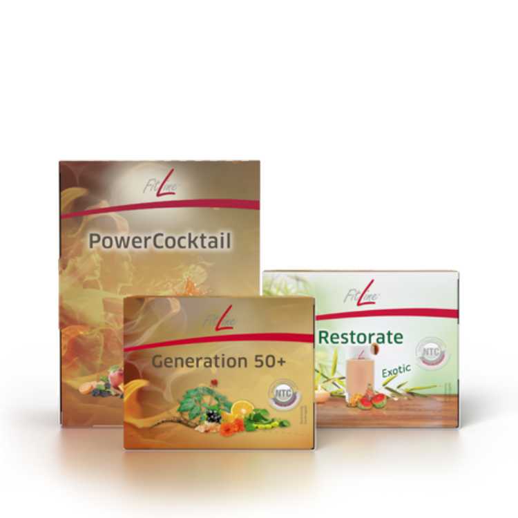 Vitaminų kokteilių rinkinys (FitLine Optimal-Set 50+ (PowerCocktail, Restorate Exotic, Generation 50+))